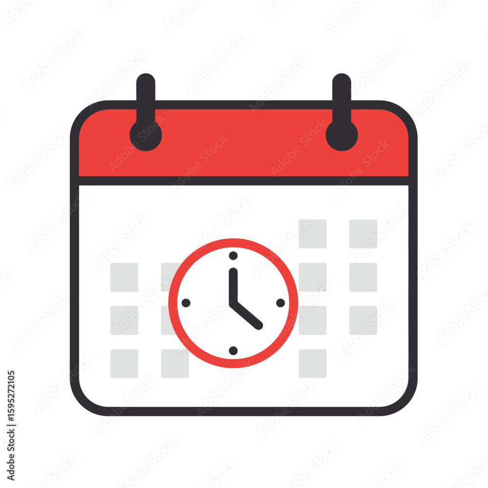 Fototapete a calendar icon with a clock face in the center, rendered in a flat design style with red and gray a