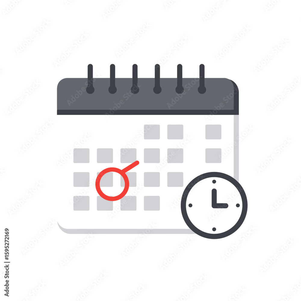 Poster simple calendar icon design with a highlighted date and clock, ideal for scheduling apps, websites, 