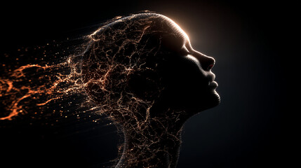 Abstract glowing human head profile with particles flowing from side