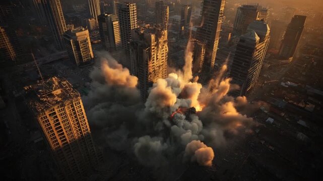 Aerial view of a city destroyed by explosions