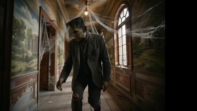 An intimidating monster man walking down a corridor 