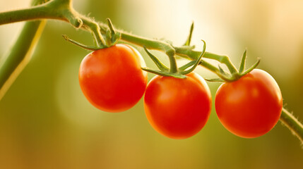 Close-up of three ripe tomatoes on vine, warm autumn tones against soft farm backdrop.