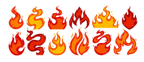 Crayon drawn red fire flames collection. Naive grange punk elements with pencil texture. Hand drawn doodle vector illustration. Graffiti stickers or tattoo. Punk retro sticker collection for collage.