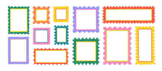 Colorful crayon drawn postal stamps and rippled frames. Wavy borders, set of post card stamp illustrations. Blank postage frames with zigzag and wavy edges. Hand drawn funky borders.
