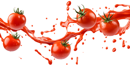 Fresh Tomatoes and Red Sauce Splashing – Isolated on White Background