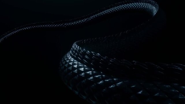 Dark Snake: A sleek, black snake slithers gracefully through the shadows, its scales glistening subtly, showcasing nature's quiet beauty in a dramatic, mysterious portrait.