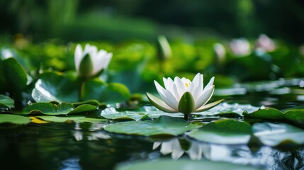 White lily pads floating on water with green leaves, surrounded by green foliage in a serene pond setting.