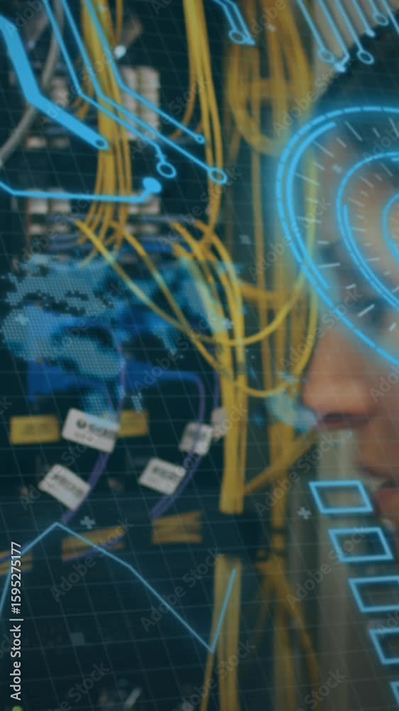 Poster animation of scope, data processing with computer circuit board over it engineer