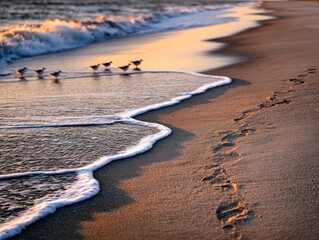 Sandpipers feeding along the shoreline at sunset on outer banks