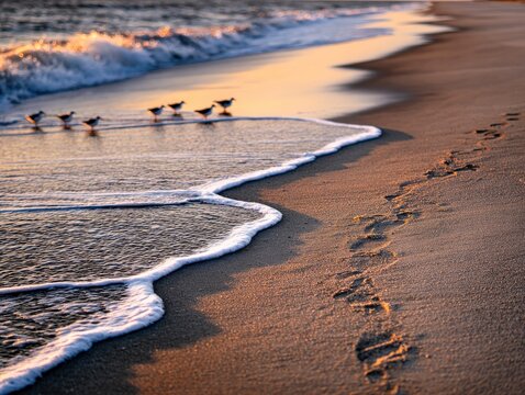 Sandpipers feeding along the shoreline at sunset on outer banks - Powered by Adobe
