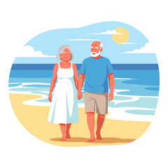 Retired couple strolls hand-in-hand on a sunny beach