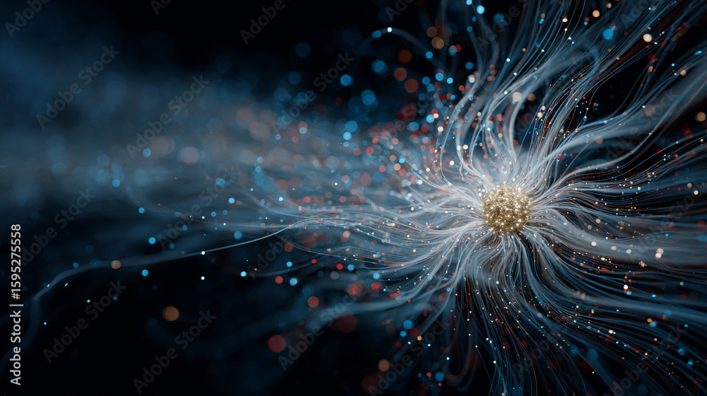Poster abstract rendering of a neural network with glowing particles on dark