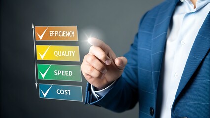 Businessman s hand interacts with a digital display showing project management criteria like effort quality speed and cost