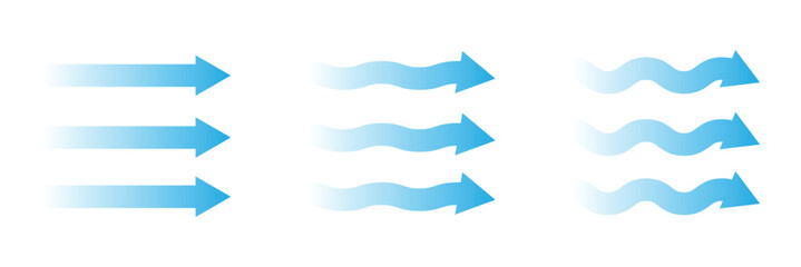 Air flow. Set of blue arrows showing direction of air movement. Wind direction arrows. Blue cold fresh stream from the conditioner. Vector illustration isolated on white background.  EPS 10 .