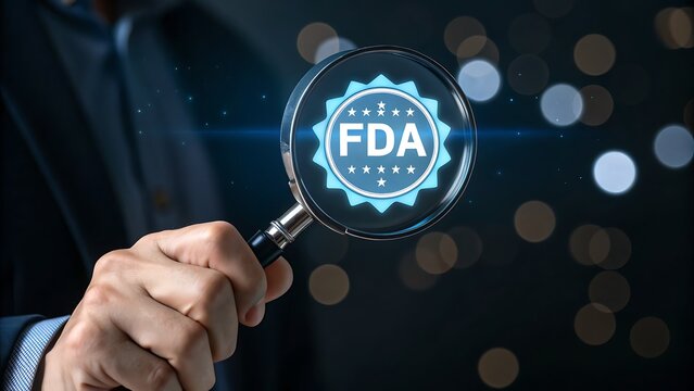 Magnifying glass inspecting fda seal symbolizing regulatory oversight and quality assurance in healthcare