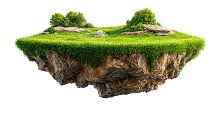 Floating Island of Serenity: A surreal, verdant landscape, an island of lush grass, rugged rock, and vibrant greenery gracefully floats in the air, embodying the pure beauty of nature.