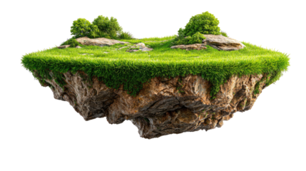 Floating Island of Serenity: A surreal, verdant landscape, an island of lush grass, rugged rock, and vibrant greenery gracefully floats in the air, embodying the pure beauty of nature.