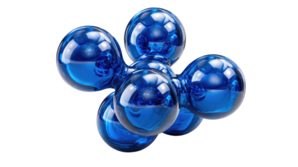 Geometric Molecular Abstraction: A stunning, photorealistic depiction of interconnected blue spheres, mimicking a molecule in a state of dynamic balance, representing scientific principles.