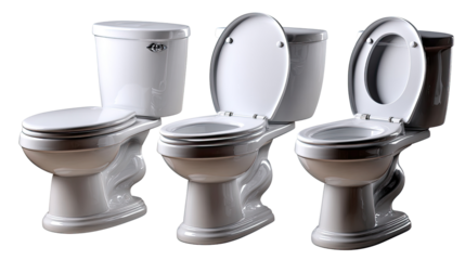 Ceramic Toilets Displayed: An eye-level shot showcases three pristine ceramic toilets, each reflecting a design and the functional aspect of domestic facilities.