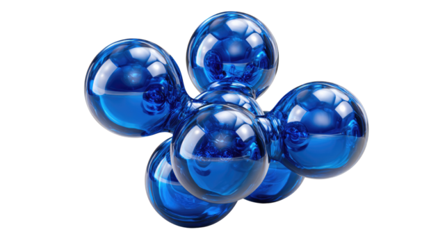 Geometric Molecular Abstraction: A stunning, photorealistic depiction of interconnected blue spheres, mimicking a molecule in a state of dynamic balance, representing scientific principles. - Powered by Adobe