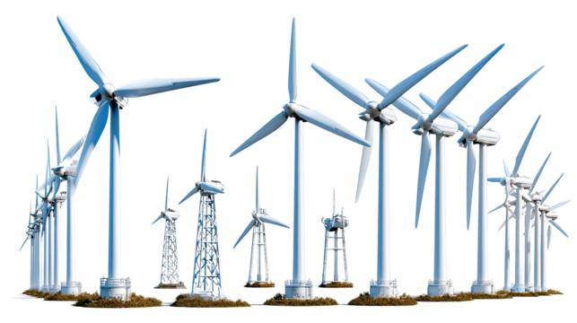 Wind Turbines on a Horizon: Array of wind turbines generating clean energy with blades catching wind against the sun, embodying sustainable development and the global movement toward a green.