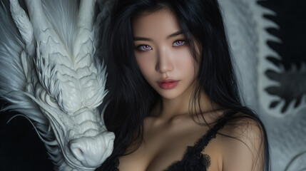 Beautiful woman and the white dragon beside her.