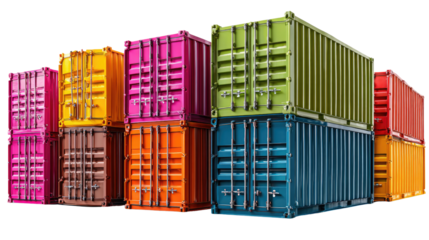 Colorful Shipping Containers: A visually striking arrangement of vibrant shipping containers, stacked and ready for global transport, showcasing industrial efficiency and international trade.
