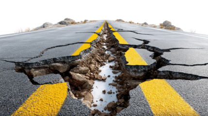 Damage Road: Cracks and fissures spread across a highway's surface, creating a sense of instability and disruption. The scene highlights the effects of an earthquake or other natural events.