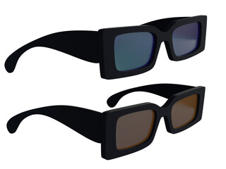 Two pairs of sunglasses with different colored lenses isolated on a transparent background. 3D render.