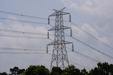 Electrical Transmission Tower with High-Voltage Power Lines in Rural Landscape