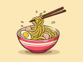 Editable cartoon vector of Japanese ramen in bowl with shrimp and egg toppings, noodles lifted by chopsticks. Represents delicious and healthy traditional Japanese food.