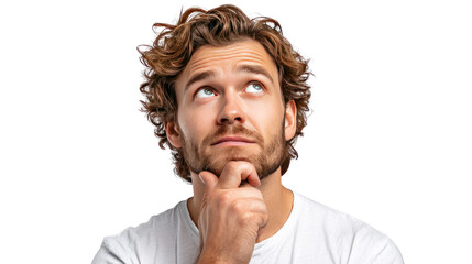 Thoughtful Contemplation: A man, absorbed in a moment of deep thought, gazes upwards, his expression conveying a sense of introspection and contemplation