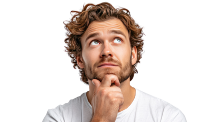 Thoughtful Contemplation: A man, absorbed in a moment of deep thought, gazes upwards, his expression conveying a sense of introspection and contemplation