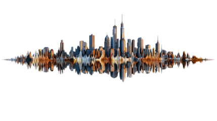 Urban Symphony: An artistic depiction of a city skyline, transformed into a vibrant, soundwave-inspired visual. The image evokes a sense of rhythm and energy within the urban environment.
