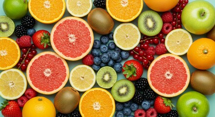 Assorted Fresh Fruits on Pastel Background for Healthy Eating