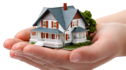 Home in Safe Hands: Delicate hands cradle a miniature house, symbolizing security, shelter, and the essence of home ownership.