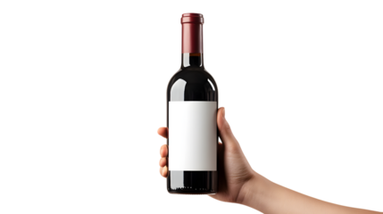 Hand Holding A Red Wine Bottle With Blank Label Isolated On White.