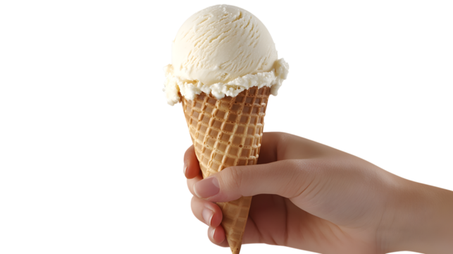 Hand Holding Classic Vanilla Ice Cream Cone On Transparent Background Summertime Treat.