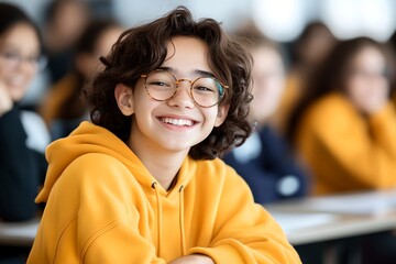 A young enthusiastic student confidently delivering a presentation in a classroom setting engaging with their peers and instructor