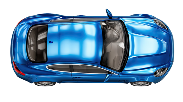 Blue Car Aerial View: A sleek, blue automobile, captured from a high-angle perspective, radiates modernity, presenting a visual symphony of lines and design that excites and captivates