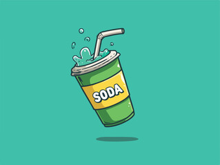 Editable cartoon vector of floating soda cup with splash. Fizzy drink spilling out, symbolizing unhealthy fast food beverage. Fun, dynamic, and eye-catching design