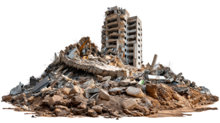 The Ruined City: A stark image of destruction and devastation, depicting the remains of a towering structure reduced to rubble, debris, and fallen stones.