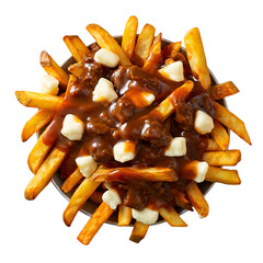 Savory poutine perfection topped with gravy isolated on transparent background
