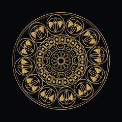 Intricate golden mandala with angelic figures on black background