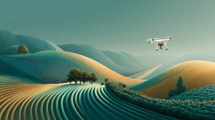 Fototapeta premium Aerial exploration over the serene landscape with vibrant fields and rolling hills