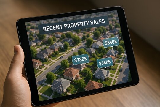 Tablet displaying recent property sales prices over suburban neighborhood
