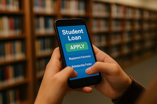 Hands using mobile app to apply for student loan in library setting