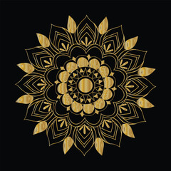 Intricate golden mandala design on a black background