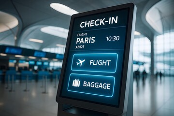 Airport self service check in monitor showing flight status and baggage option

