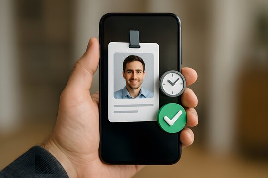 Mobile app displaying employee badge with time attendance confirmation check